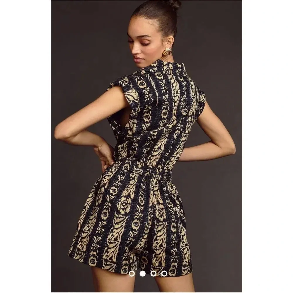 Tiny Anthropologie Ella Romper in Blue Motif Size M Tribal Print in Navy Beige